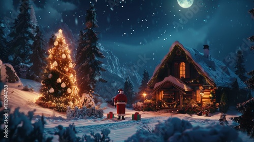 HD Christmas scene with Santa cabin snowy trees gifts