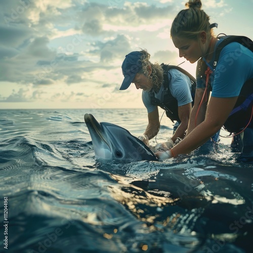 Team of biologists tagging a rescued dolphin to monitor its movement and health, calm ocean waters creating a tranquil background for marine conservation work
