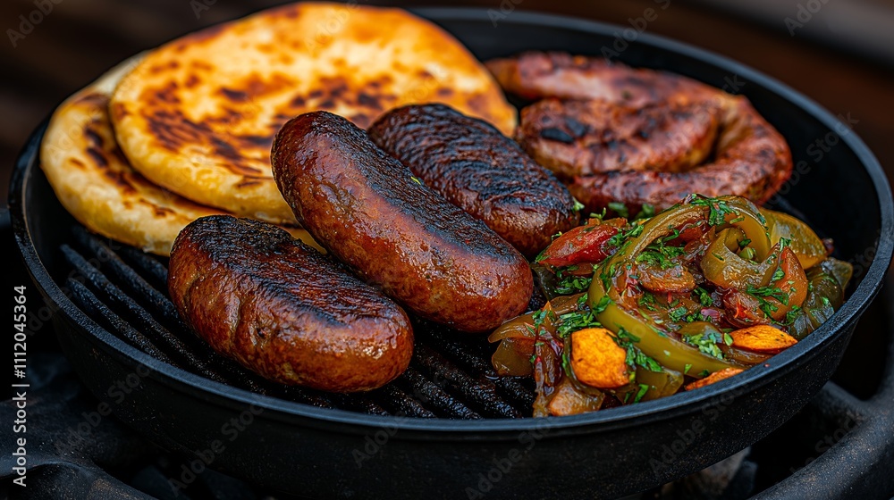 Sujukh sausage sizzling on a grill, with a side of pickled vegetables and crunchy flatbread. Sujukh sausage sizzling on a grill, with a side of pickled vegetables and crunchy flatbread.