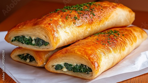 Soft Armenian boreg pastries filled with cheese, spinach, and herbs, ready to be torn apart. photo