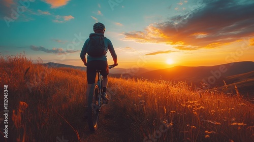 Man cycling through golden field at sunset, mountain trail biking, glowing horizon, adventure in nature, scenic outdoor activity, freedom, fitness journey.