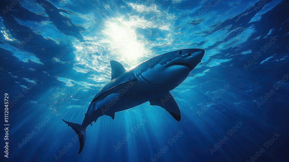 Fototapeta premium Great white shark swimming in deep ocean with sunlight rays shining through water, marine predator, underwater wildlife, sea exploration, aquatic nature, majestic creature.