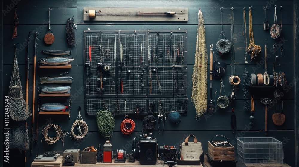 Modern fishing gear displayed neatly, studio lighting Modern fishing gear displayed neatly, studio lighting