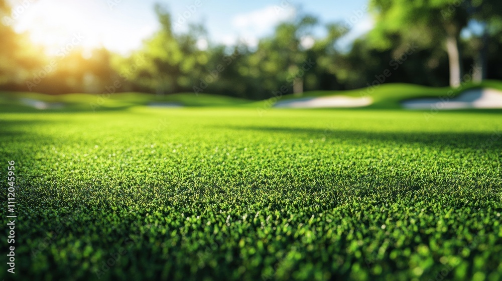 Close-up view of lush green artificial grass on a golf course, illuminated by gentle sunlight. Close-up view of lush green artificial grass on a golf course, illuminated by gentle sunlight.