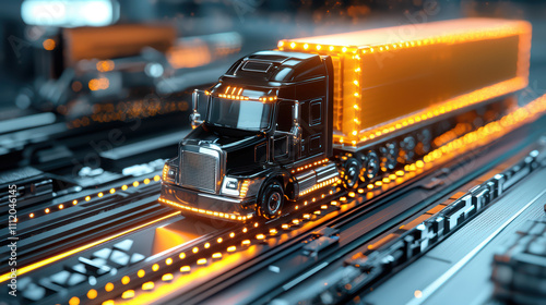 futuristic truck with glowing lights travels along high tech logistics hub, showcasing advanced transportation technology and AI integration