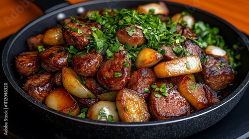 Tjvjik: Sizzling pan of fried liver and onions, with fresh parsley on the side. photo