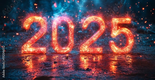 Happy New Year 2025 a number with flames and smoke