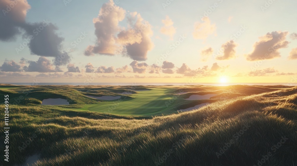Fototapeta premium Serene sunrise over a lush golf course, showcasing rolling greens and soft clouds in a tranquil landscape.