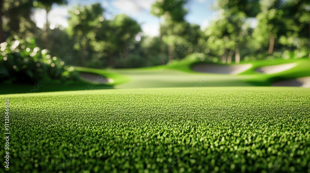 Lush green golf course with a smooth fairway and sand traps in the background, creating an inviting golf atmosphere. Lush green golf course with a smooth fairway and sand traps in the background, creating an inviting golf atmosphere.