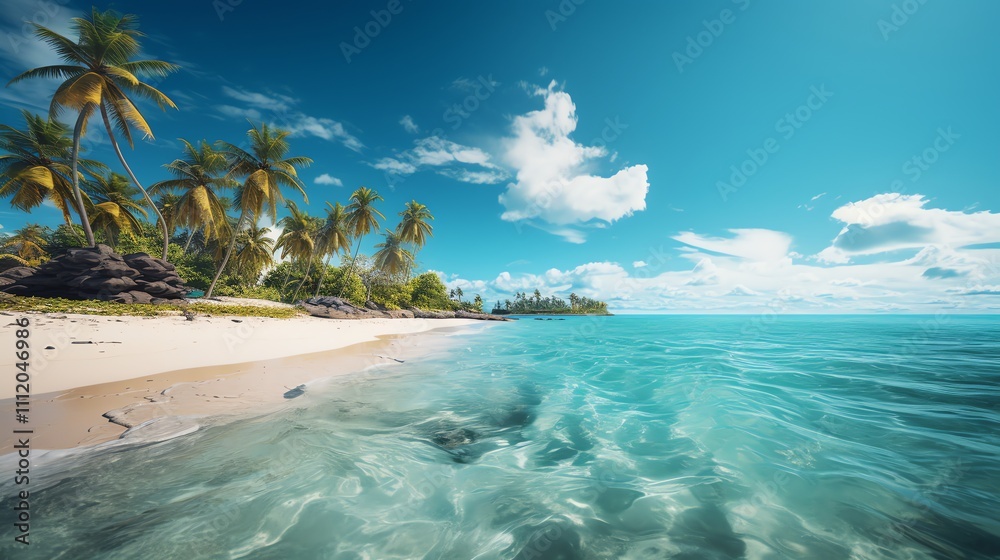 Fototapeta premium Idyllic tropical beach scene with palm trees, clear turquoise water, and white sand.