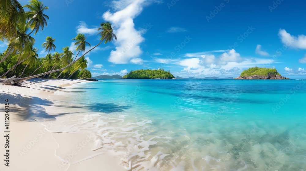 Fototapeta premium Idyllic tropical beach with palm trees, turquoise water, and white sand.