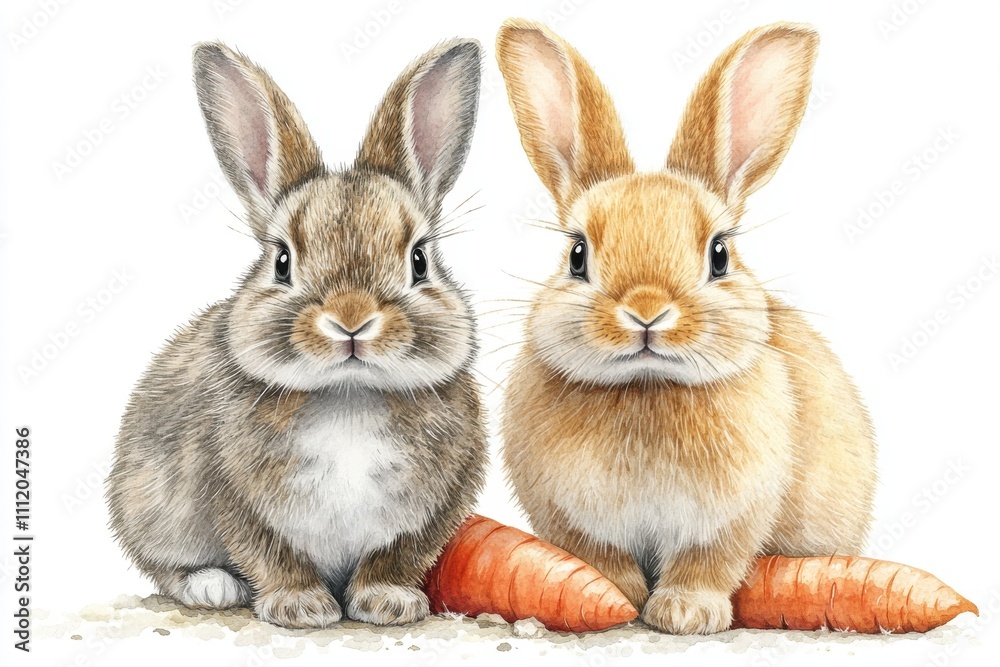 Fototapeta premium Two adorable rabbits sitting beside a carrot, showcasing their cute features.