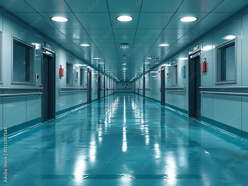 Hospital Corridor: Clean, Modern Design with Teal Flooring and Lighting Hospital Corridor: Clean, Modern Design with Teal Flooring and Lighting