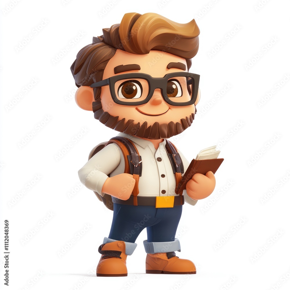 Fototapeta premium Smiling cartoon man with backpack and book.