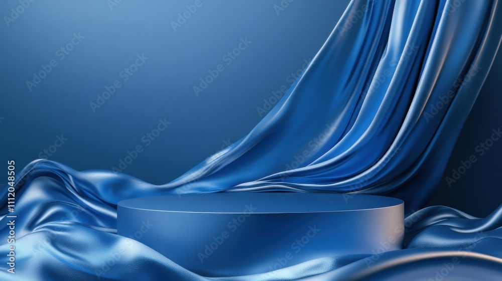 Obraz premium A serene blue backdrop featuring a smooth circular pedestal draped in luxurious satin fabric.