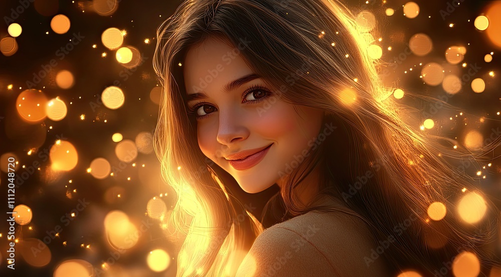 Radiant Beauty: Smiling Girl with Sparkling Eyes Amidst Magical Colorful Lights Radiant Beauty: Smiling Girl with Sparkling Eyes Amidst Magical Colorful Lights