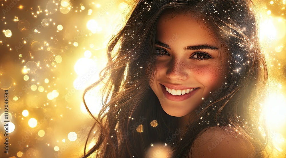 Radiant Beauty: Smiling Girl with Sparkling Eyes Amidst Magical Colorful Lights Radiant Beauty: Smiling Girl with Sparkling Eyes Amidst Magical Colorful Lights
