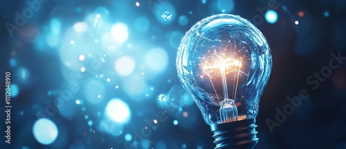 Innovative light bulb glowing amidst a dreamy blue bokeh background, symbolizing bright ideas.