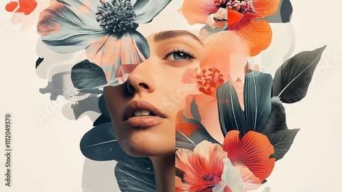 A woman's face is shown in a collage with layered pieces of paper and paint, flowers and greenery.
