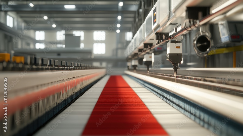 Close-up of an automated textile manufacturing machine with multicolored threads highlighting modern industry. Close-up of an automated textile manufacturing machine with multicolored threads highlighting modern industry.