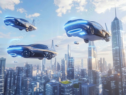 Futuristic urban skyline with cars flying seamlessly through the sky, showcasing the concept of aerial traffic. Sleek, aerodynamic vehicles hover and glide. Futuristic urbanism. High technology cars.