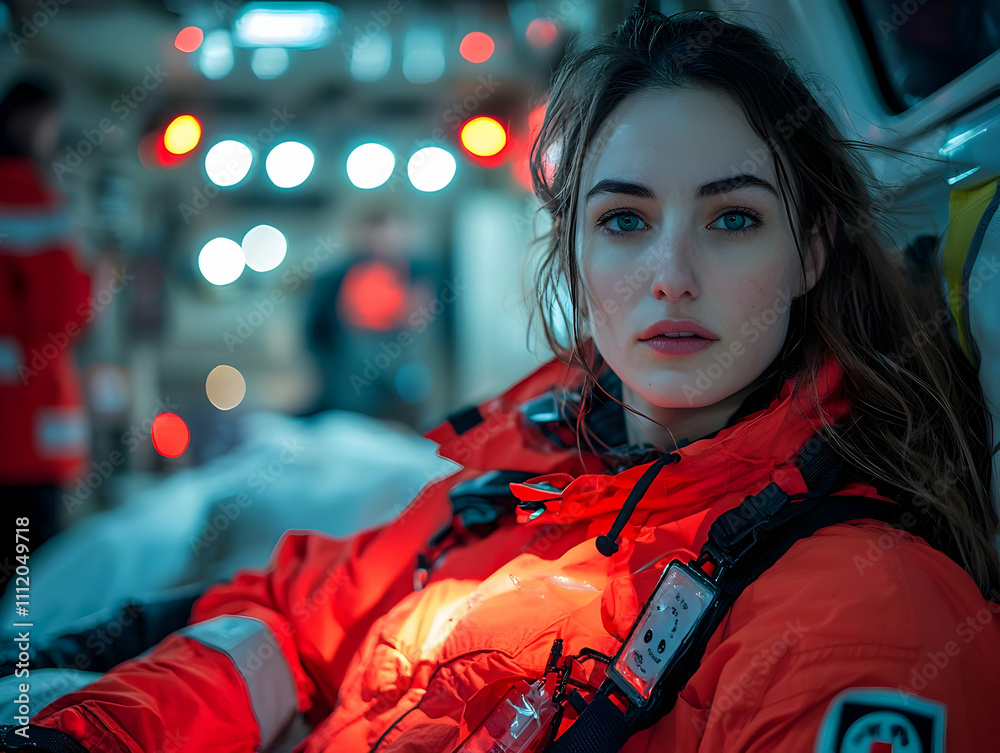 Emergency Responder in Red Jacket, Night Scene Emergency Responder in Red Jacket, Night Scene