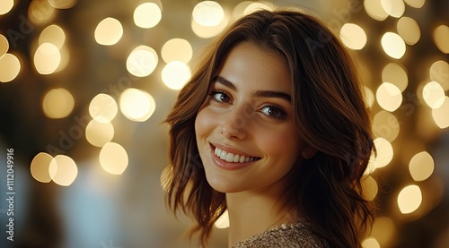 Radiant Beauty: Smiling Girl with Sparkling Eyes Amidst Magical Colorful Lights