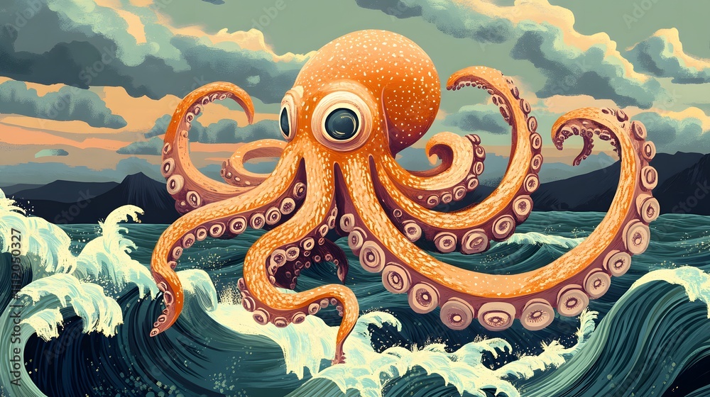 Octopus and beautiful sea view, amazing octopus commotion scene Octopus and beautiful sea view, amazing octopus commotion scene