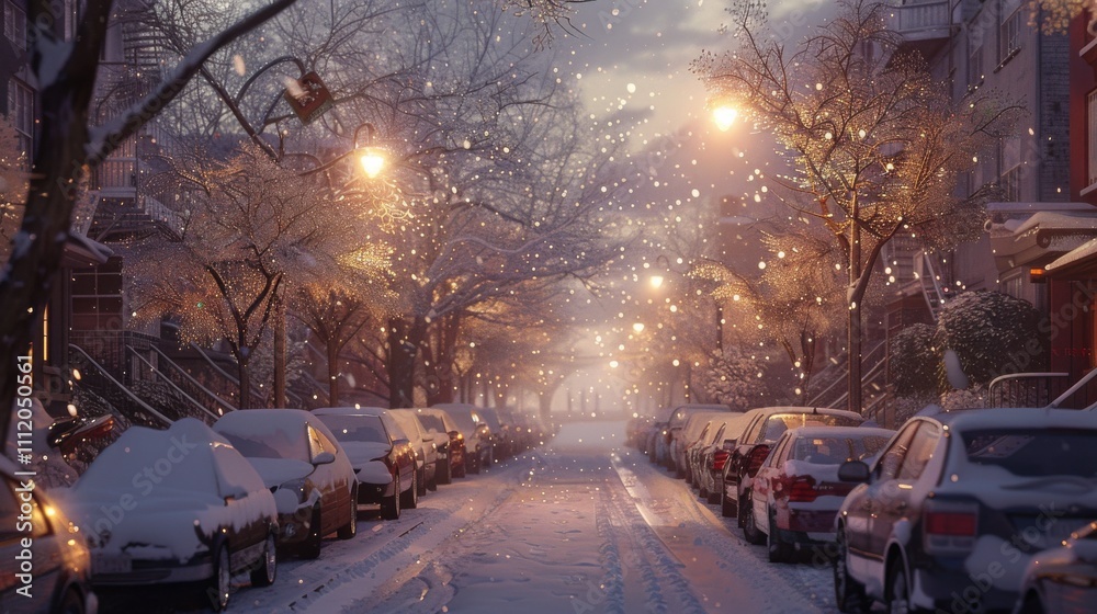 Snowy city street at dusk with parked cars in snow Snowy city street at dusk with parked cars in snow