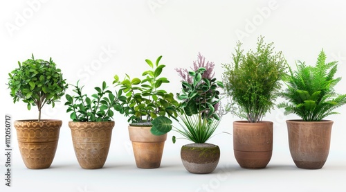 Wallpaper Mural Set of various potted plants isolated on a white background. Different types of indoor greenhouse plants in pots with pastel colored ceramic planters in a flat lay front view. Torontodigital.ca