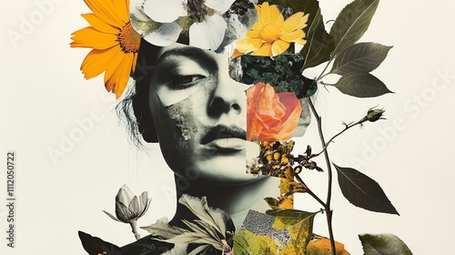 A woman's face is shown in a collage of different textures and colors.