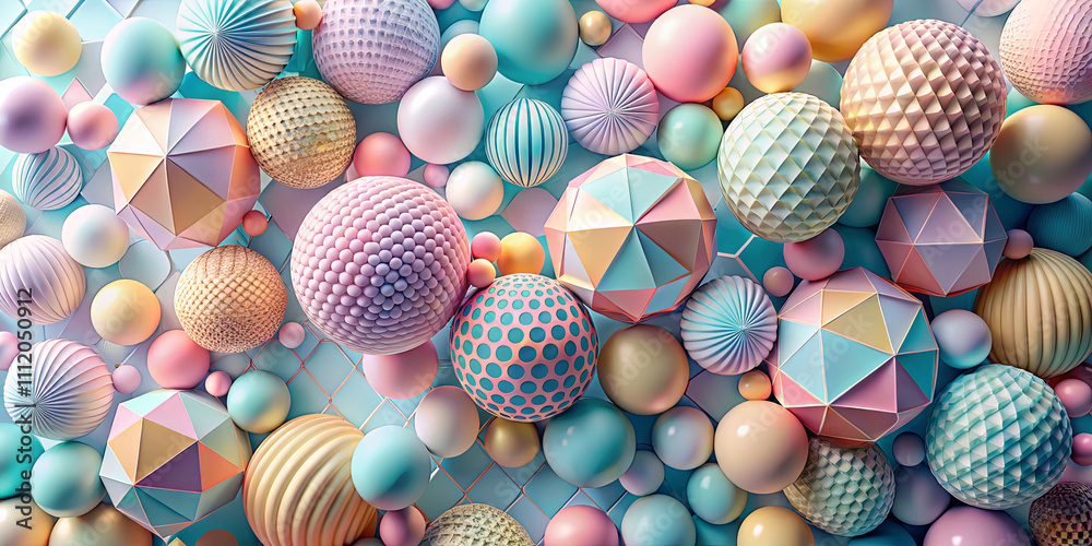 A vibrant collection of colorful spheres in various shapes and textures is arranged to create an eye-catching visual display. The soft pastel colors enhance the playful atmosphere A vibrant collection of colorful spheres in various shapes and textures is arranged to create an eye-catching visual display. The soft pastel colors enhance the playful atmosphere