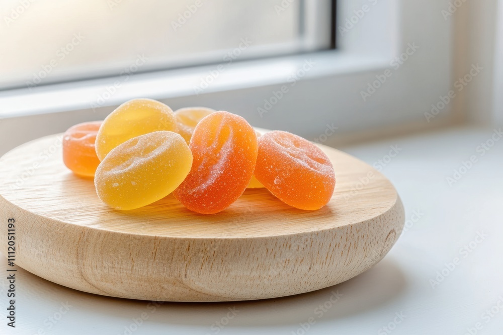 vitamin d gummies, vitamin d gummies displayed on a wooden plate under morning light from a tall kitchen window, ideal for text placement vitamin d gummies, vitamin d gummies displayed on a wooden plate under morning light from a tall kitchen window, ideal for text placement