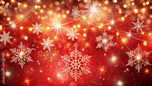 Colorful winter setting filled with shimmering snowflakes on a red background, adorned with glowing lights that create a cheerful holiday atmosphere, ideal for seasonal events