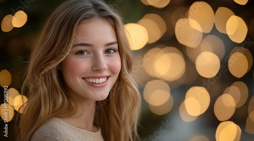 Radiant Beauty: Smiling Girl with Sparkling Eyes Amidst Magical Colorful Lights