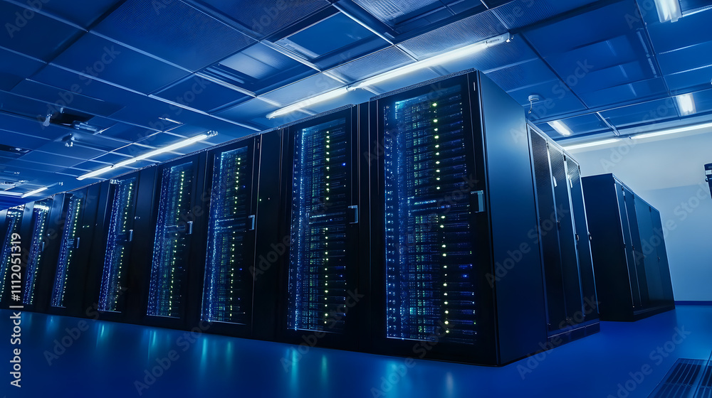 Futuristic Data Center with High-Tech Server Racks and Blue Ambient Lighting Futuristic Data Center with High-Tech Server Racks and Blue Ambient Lighting