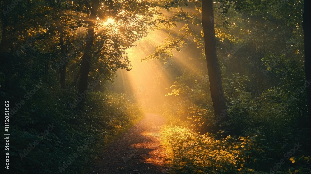 Obraz premium Sunbeams illuminate a forest path at sunrise, creating a magical, mystical atmosphere.