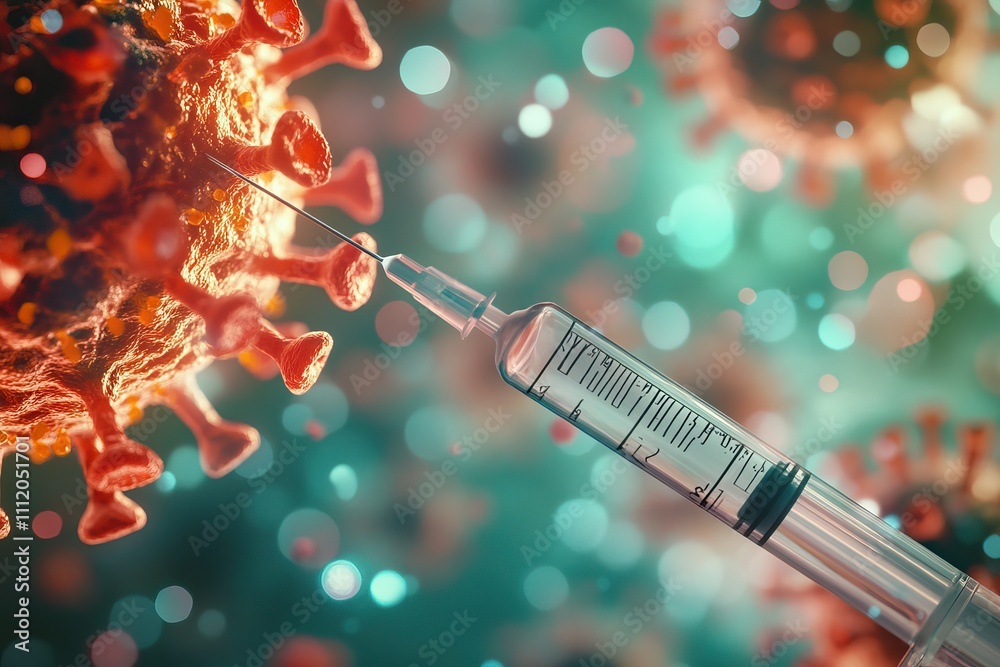 Close-up of a syringe surrounded by colorful virus particles, symbolizing vaccination and pandemic prevention. AI generated image Close-up of a syringe surrounded by colorful virus particles, symbolizing vaccination and pandemic prevention. AI generated image