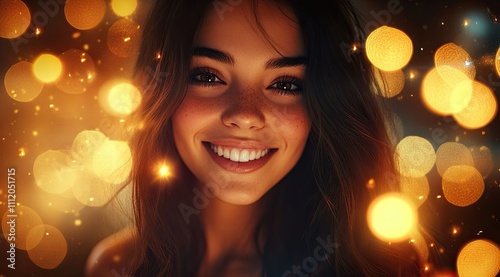 Radiant Beauty: Smiling Girl with Sparkling Eyes Amidst Magical Colorful Lights