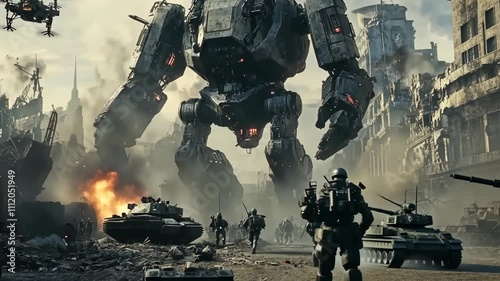 Futuristic Sci-Fi Soldiers Advance with Giant Robot and Tanks - Epic Cinematic Scene