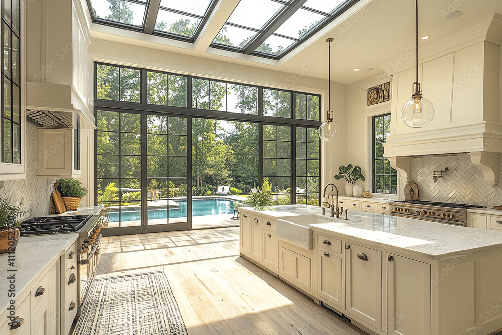 Luxurious Kitchen Design With Pool View And Skylights Luxurious Kitchen Design With Pool View And Skylights