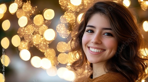 Radiant Beauty: Smiling Girl with Sparkling Eyes Amidst Magical Colorful Lights