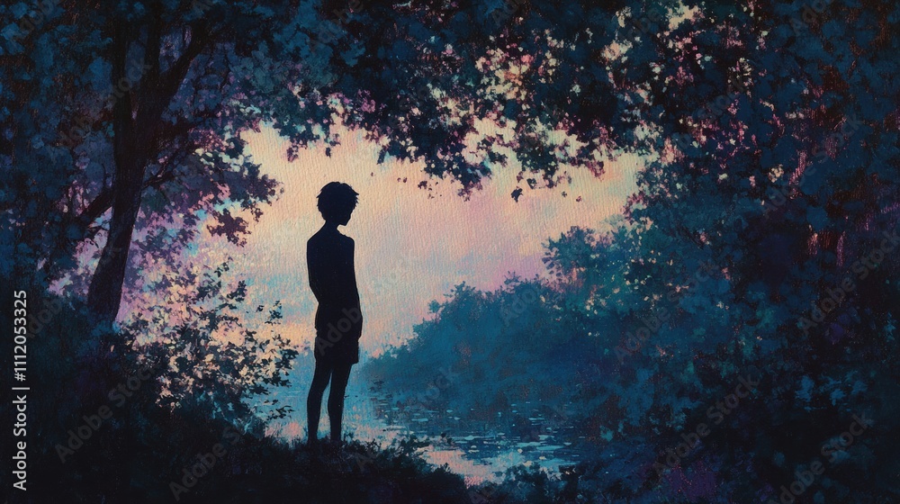 Silhouetted boy stands by tranquil twilight water. Silhouetted boy stands by tranquil twilight water.