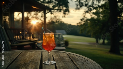 Sunset cocktail on wooden table overlooking golf course.