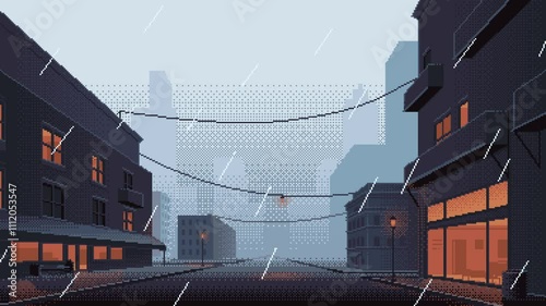 Pixel art animation of City street with buildings and empty road in rainy weather. Animated seamless loop video of cityscape with glowing windows in evening with rain. Retro video-game style.