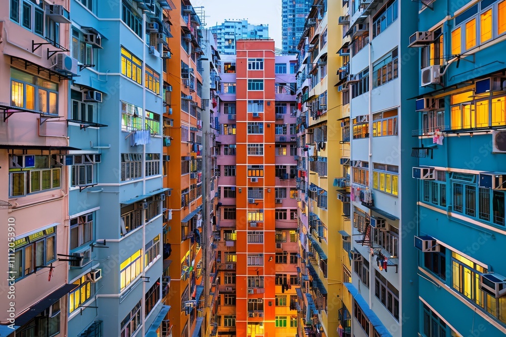 A densely populated, vividly colored high-rise residential complex in a bustling city environment, showcasing urban living spaces and architectural diversity. A densely populated, vividly colored high-rise residential complex in a bustling city environment, showcasing urban living spaces and architectural diversity.