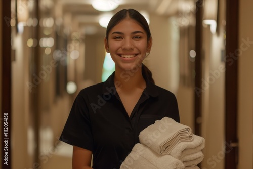 A young employee in a black uniform stands smiling in a hotel corridor, holding neatly stacked towels, demonstrating cheer, service, and preparedness for guests. photo