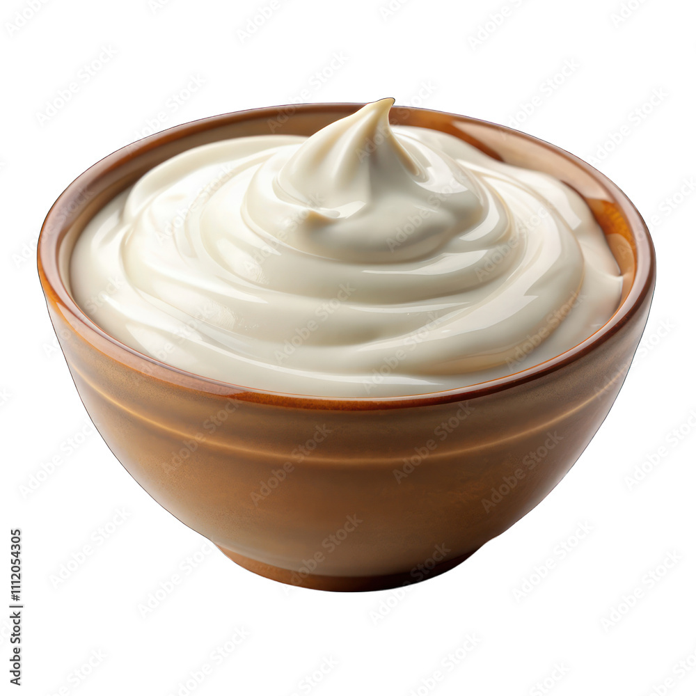 Sour cream or yogurt in wooden bowl isolated on transparent background Sour cream or yogurt in wooden bowl isolated on transparent background