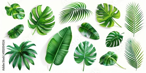 Vibrant green tropical leaves of various shapes and sizes isolated on a white background in a vector illustration. High resolution photography with insanely detailed