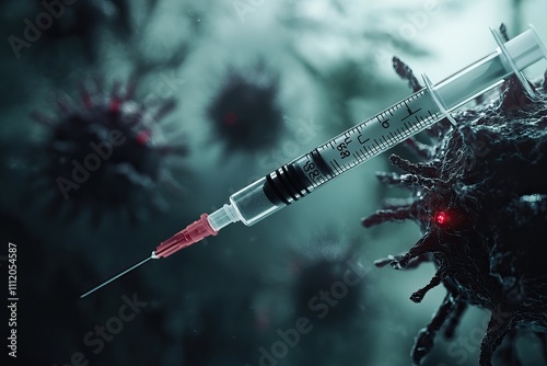 Close-up of a syringe surrounded by colorful virus particles, symbolizing vaccination and pandemic prevention. AI generated image photo